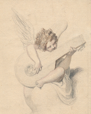 Richard Cosway(1742-1841) ,  Coloured chalk study of an angel playing a lute, approx. 17 x 14 cms